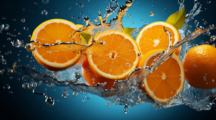 Fototapeta na wymiar Oranges flying in the air and splashing water.
