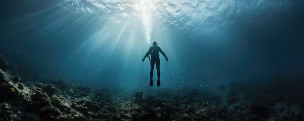 Diving lesson in open water. Scuba diver before diving into ocean. generative ai © alexanderuhrin
