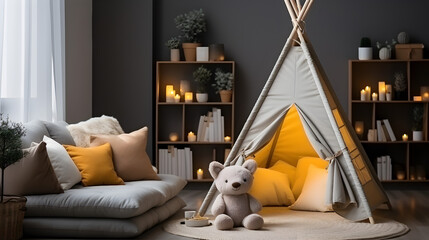 Interior of modern children's room with toy and furniture, playroom, kids room grey theme for house advertising and background Generative AI