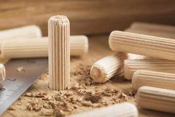 hole in wooden oak board for wooden dowel. carpentry industry.
