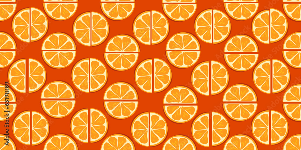 Poster half slices of an orange. vector pattern of four orange halves, summer kitchen pattern. vector for p