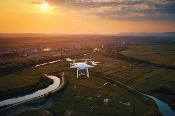 in flight professional white quadcopter drone camera. Generative AI