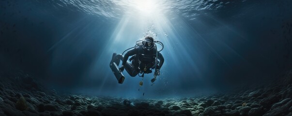 Obraz na płótnie Canvas Diving lesson in open water. Scuba diver before diving into ocean. generative ai