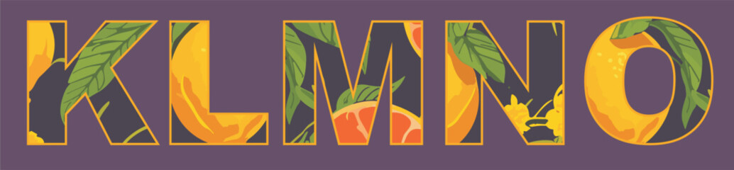 Citrus font. A set of vector letters of english alphabet KLMNO 
with tropical pattern from fruits, flowers and leaves for t-shirt.
Fashionable summer women's print for clothes, 
fabric, textile, paper