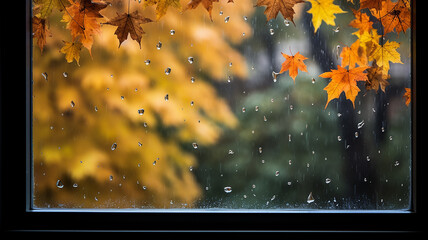 rain outside the window in the landscape of autumn park and yellow leaves.