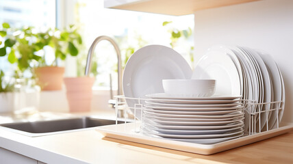 a stack of clean washed dishes in the kitchen indoor.