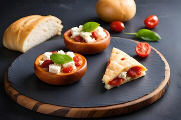 Fototapeta na wymiar Italian snacks food with Olives, Feta cheese with dried tomatoes, Ham, Garlic, Basil and Pepperoni pepper on dark marble background close-up