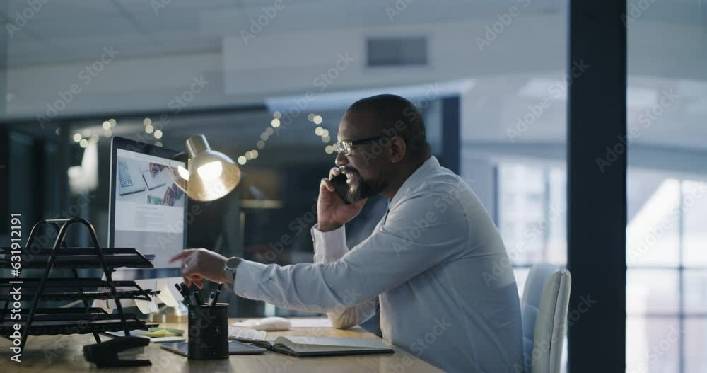 Poster computer screen, phone call and man in business communication, advice and tech support or virtual ch