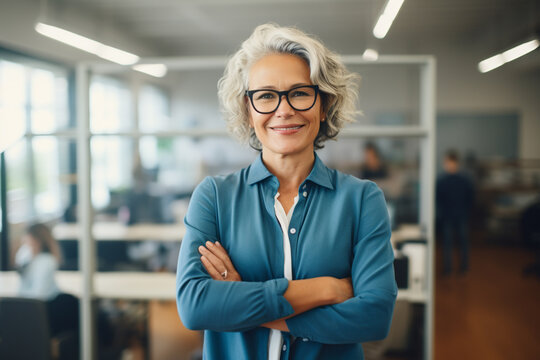 Business concept. Portrait of middle aged businesswoman ceo standing in office with arms crossed. Neutral office background with copy space. Generative AI