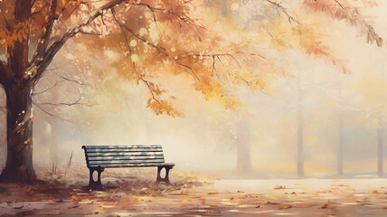 a bench in an autumn park landscape in the morning fog and tranquility background with a copy of space.