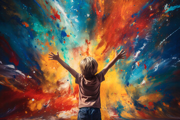 rear view of cute baby spread arms up with textured wall and splashes of colorful paints with copy space. Happy childhood. Generated AI