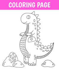 Tyrannosaurus princess coloring page, cute print with line girl dinosaur. Printable worksheet with solution for school and preschool.