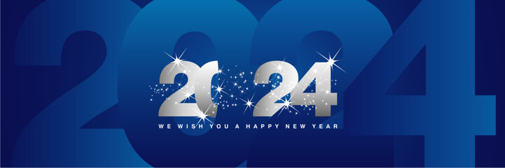 We wish you a Happy New Year 2024 shining sparkler firework silver white blue greeting card