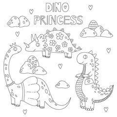 Set outline cute dinosaur princess. Sweet pink dino girl with crown. Cartoon funny character for nursery design, greeting card, invitation, print, party, baby shower, poster.