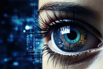 Futuristic female human eye with graphical technology overlay, blue sci-fi cyber cybernetic digital iris visualization. Generative AI