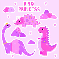 Stickers set cute dinosaur princess. Sweet pink dino girl with crown. Cartoon funny character for nursery design, greeting card, invitation, print, party, baby shower, poster.