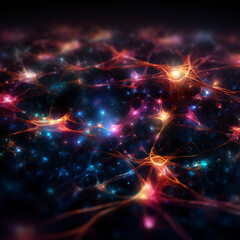 Neurons chaos data,  vibrant colors, future technology. Neural and neuronal linked information and communication. 