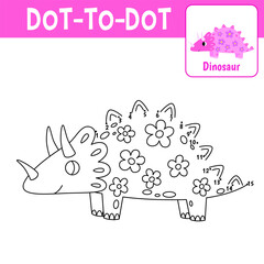 Numbers game, education dot to dot game for children, coloring book. Triceratops princess, girl dinosaur.