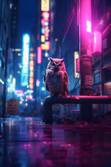 mystical owl sitting in a cyberpunk city in the night