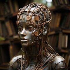 A book rack made with human head statue. Improve reading. Relationship between books and knowledge.