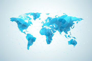Flattened globe blue world map made of lines, accurate technology world map. Connected and linked points all over the world. World wide communication and information exchange. 