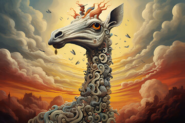 Surreal close-up portrait of a giraffe. Photorealistic giraffe in futuristic swirls for advertising, psychedelic art, wallpaper. AI generated.