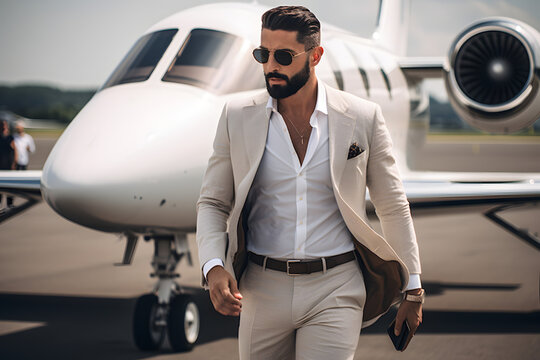 Young rich fit handsome young man walking out of his private jet plane. Looks like a model.