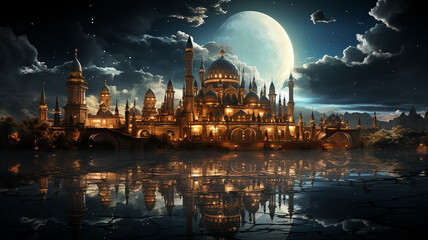 The Arabian night fairy tale, the landscape in the moonlight the fabulous sultan's palace glows with gold. - obrazy, fototapety, plakaty