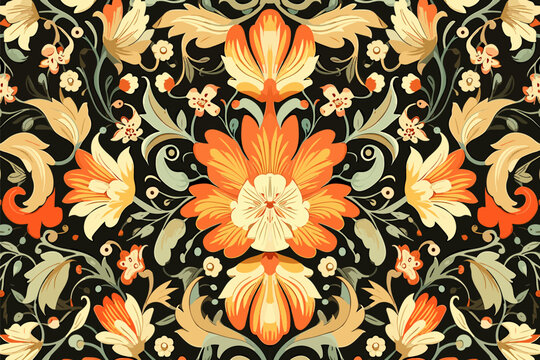Floral fabric pattern. Ethnic flowers ornate elegant luxury style. Art graphic print design for carpet fabric texture textile wallpaper background backdrop rug.
