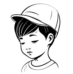 Asian child in a cap. Head with dark hair. Line art. Vector illustration