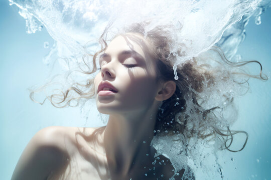 A dreamlike portrait of a beautiful blonde woman with closed eyes, underwater, embodying the elegance and grace of a mermaid