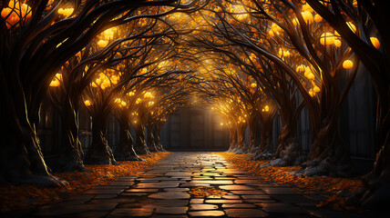Naklejka premium luminous arch tunnel in the trees alley in golden leaves autumn background.