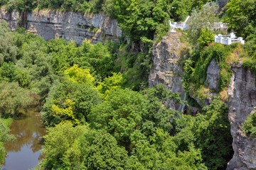 Fototapeta na wymiar Smotrych river canyon with waterfall. Kamianets-Podilskyi, Ukraine.