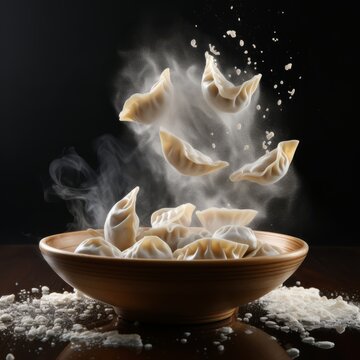 Hot dumplings with flour and steam are falling in bowl on the table sprinkled with flour