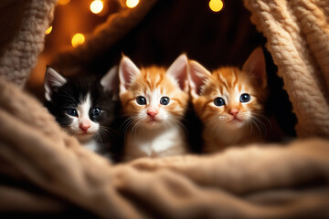 Kittens Cuddling Under a Blanket