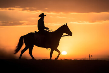 Fototapeta na wymiar Silhouette of a cowboy on a horse at sunset. Neural network generated in May 2023. Not based on any actual person, scene or pattern.