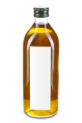 Large transparent glass bottle with a screw cap and blank white label filled with oil. Product photo isolated on a white background. Extra virgin olive oil,  peanut, corn, soybean oil