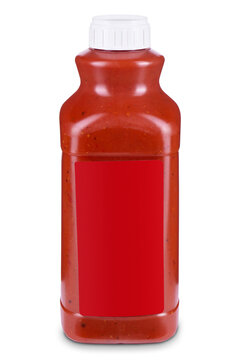 Bottle of red sauce with blank red label isolated on a white background. Template for product design. Pizza, ketchup, salsas, taco, hot sauce, BBQ, asian style, bufalo sauce