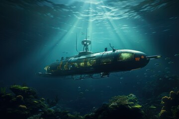 Small submarine under water with sun rays and beautiful seascape