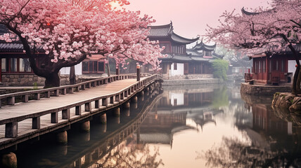 Obraz premium spring landscape with sakura in pink flowers landscape in an ancient Chinese city with a canal and a river.