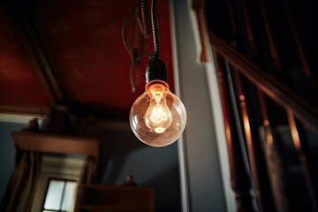 A closeup shot from the top, showing a light bulb suspended from the ceiling in a residential setting.