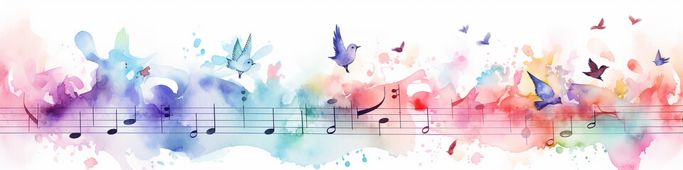 abstract musical long narrow background with notes watercolor. - obrazy, fototapety, plakaty
