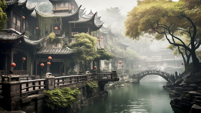 landscape in an ancient Chinese city with waterfalls and mountains.