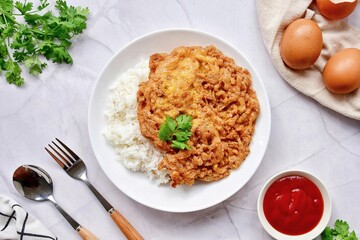 Thai style Rice with omelet stuff minced pork ,street food of thailand ,Thai call khao kai jeaw moo sab , Top view table