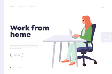 Work from home concept for landing page design template with happy freelance woman using laptop