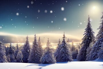 Winterlandschaft mit verschneiten Tannen und Schnee im Abendlicht