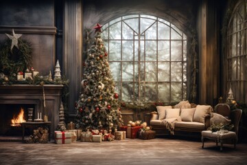 Cristmas backdrop with xmas tree, gifts and lights