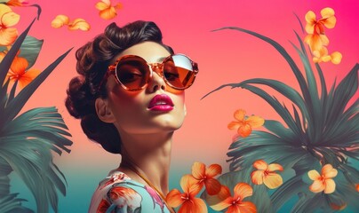 Beautiful woman with sunglasses, Tropical photo collage, in the style of modernism-inspired...