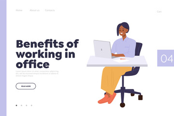 Fototapeta na wymiar Benefits of working in office landing page with happy female employee character using laptop