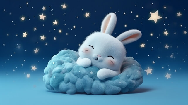 cute little bunny rabbit sleeping on a cloud watercolor drawing.